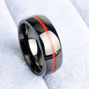 New Polished Stainless Steel Thin Red Line Band Ring Military Firefighter